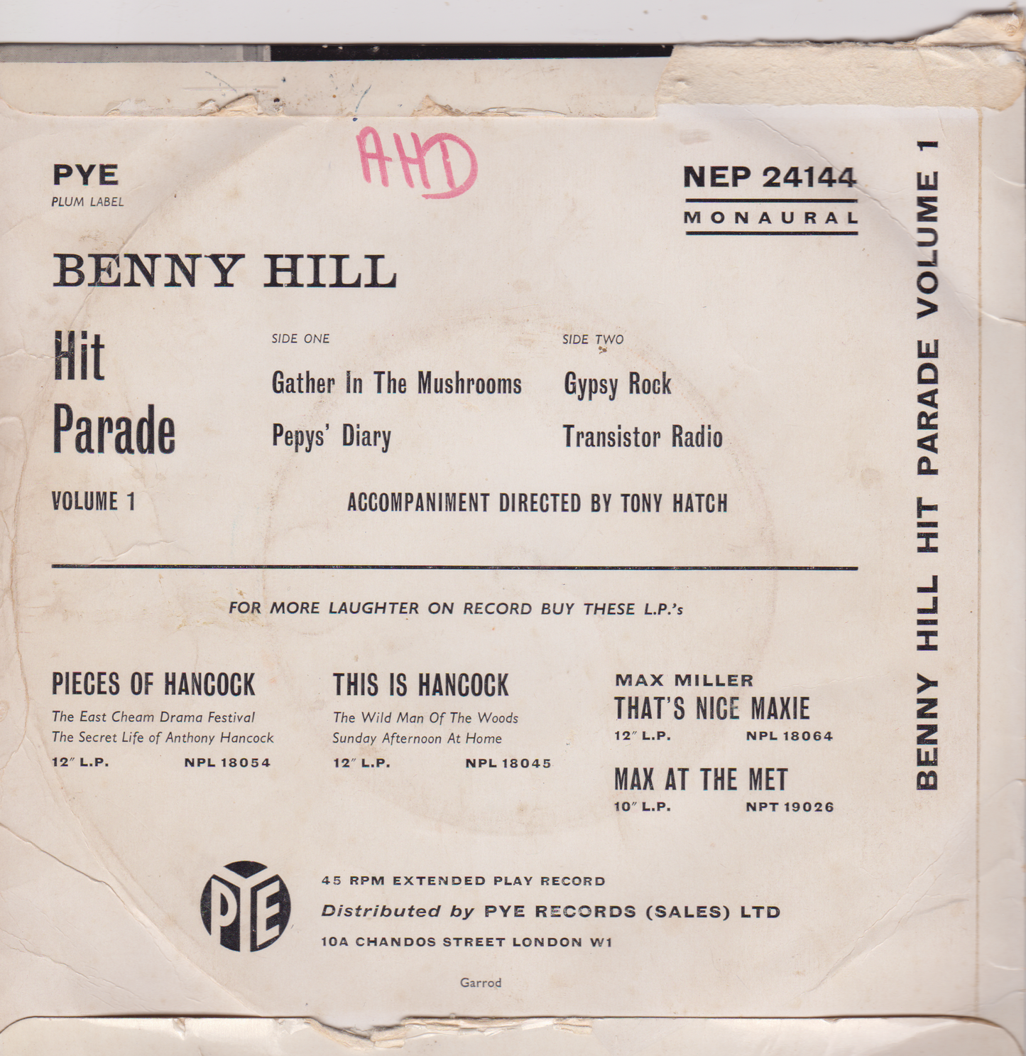 Benny Hill – Hit Parade Volume 1 (Pye 1961) 7" vinyl EP G+/G+