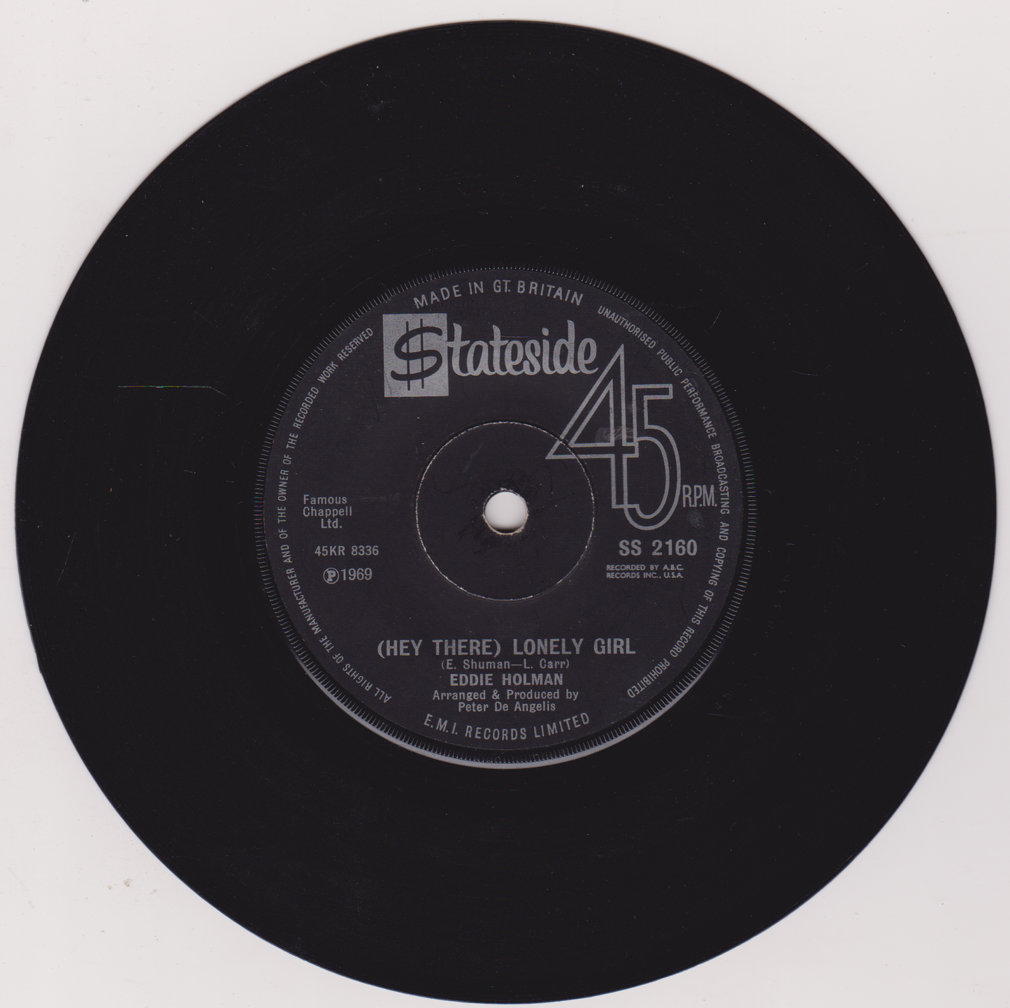 Eddie Holman – (Hey There) Lonely Girl (Stateside 1970) 7" vinyl single VG/-