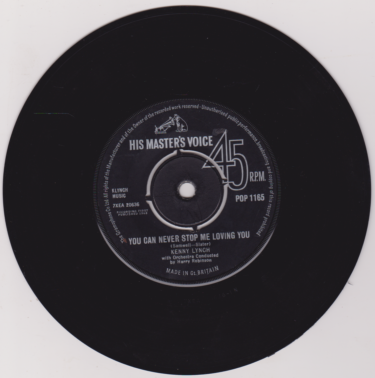 Black vinyl record with 'His Master's Voice' label on a white background