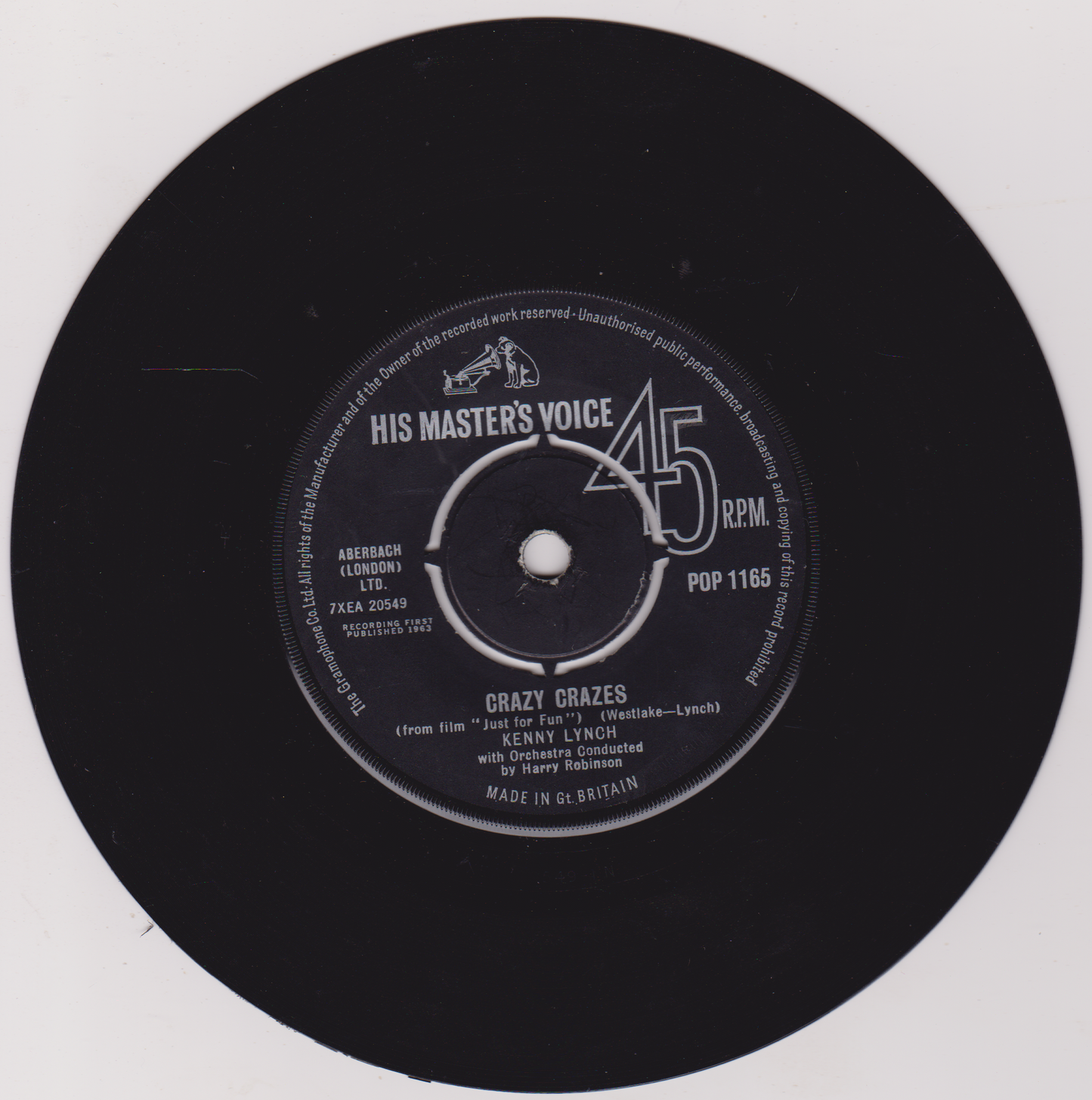 Black vinyl record label with 'His Master's Voice' branding and text.