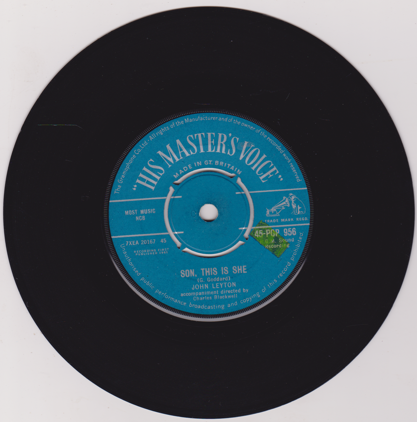 Vinyl record with blue label featuring 'His Master's Voice' logo on a white background