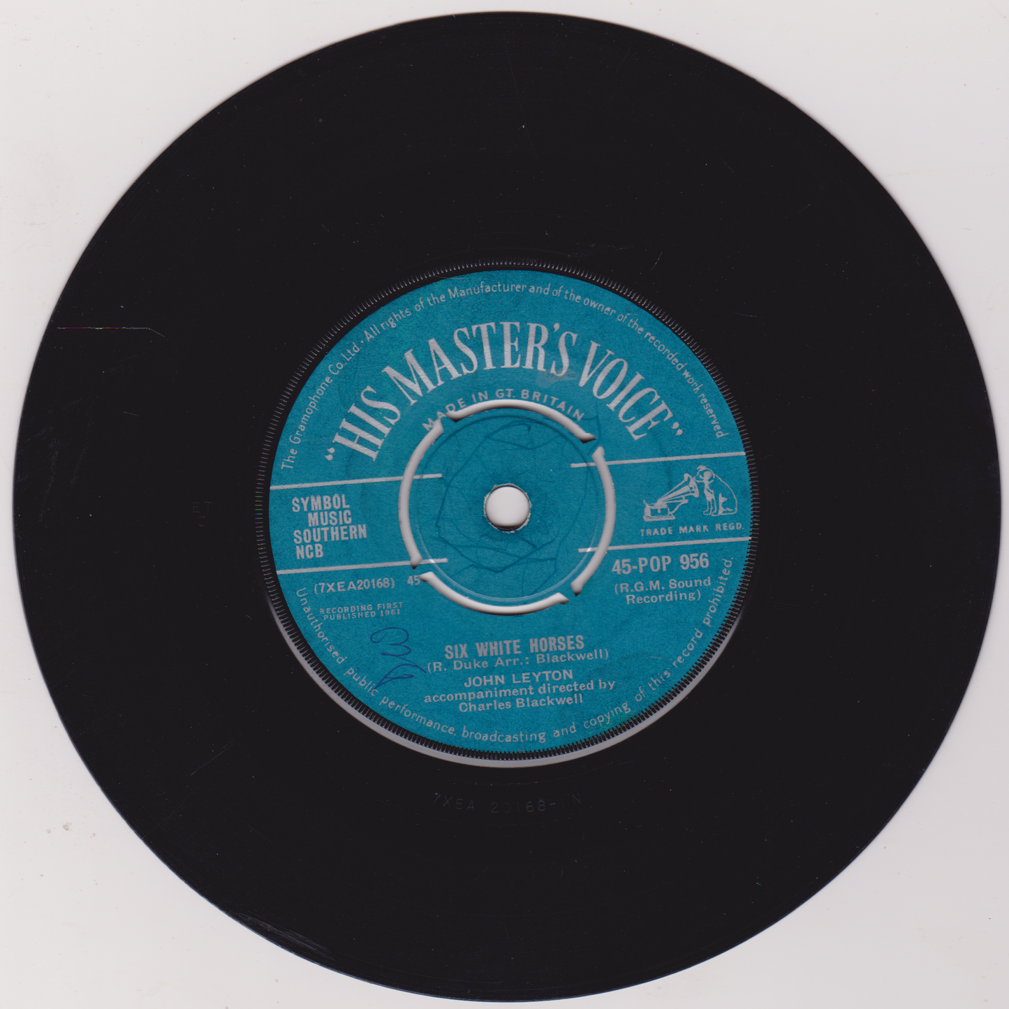 Vinyl record with a blue label featuring 'His Master's Voice' logo on a white background