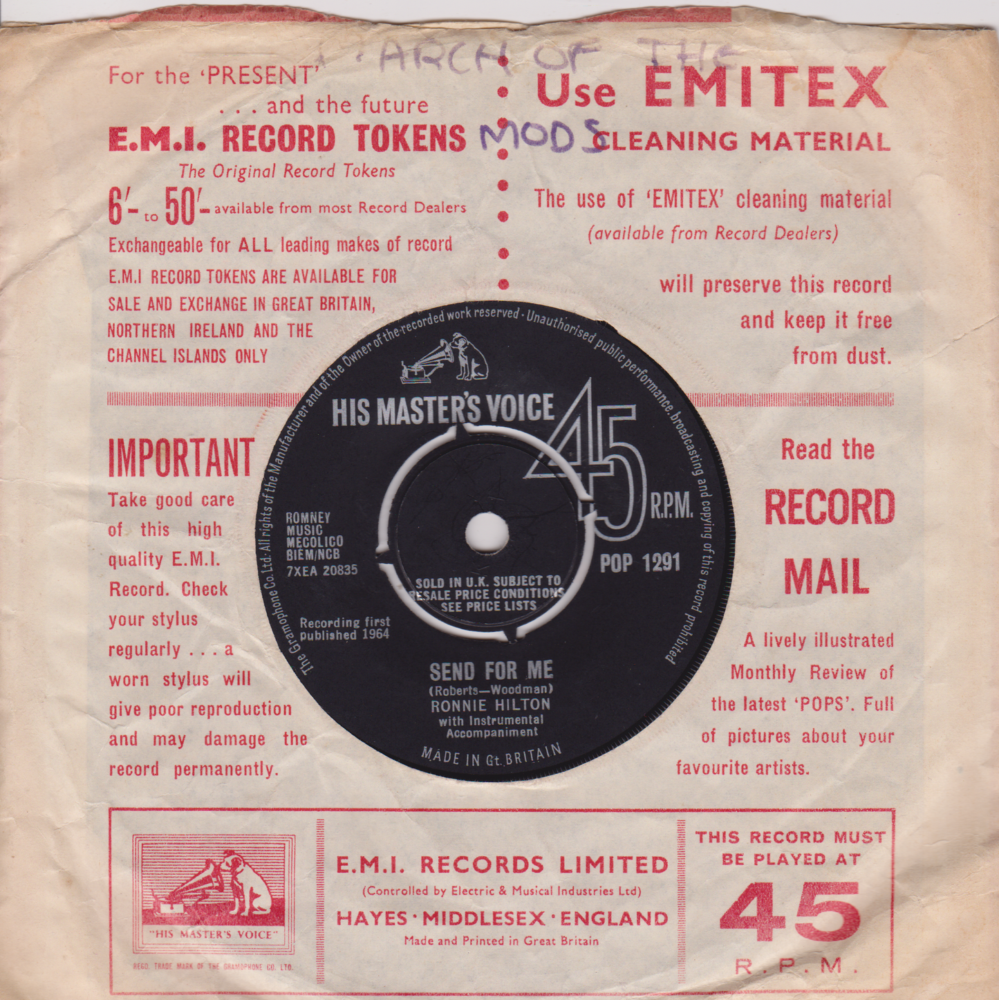 Vintage record label with text and a 45 RPM record illustration on a beige background.