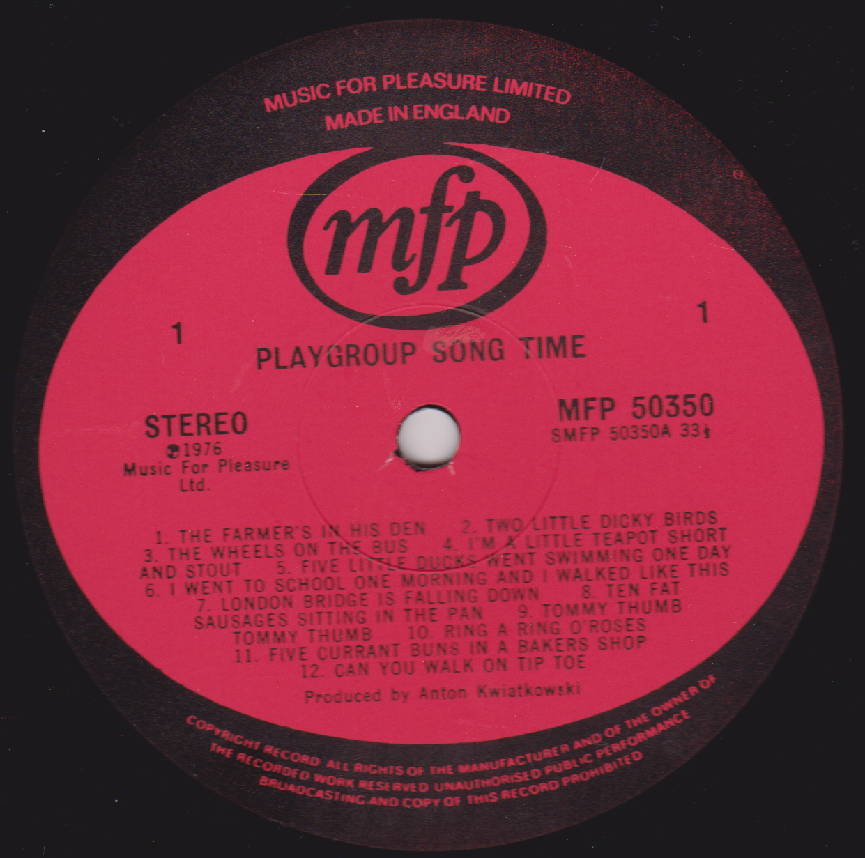 Record label with 'mfp' branding and text on a black background