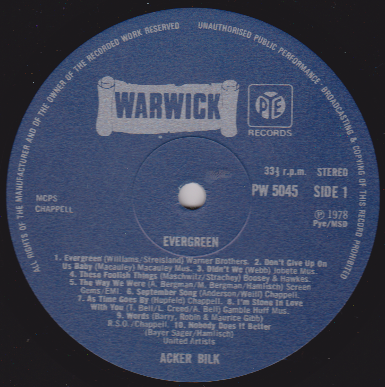 Blue label of a Warwick Records album with text and track listing