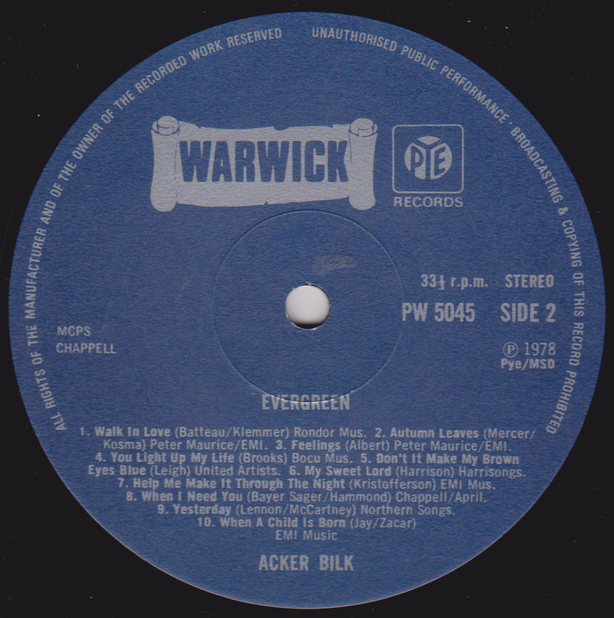 Record label from Warwick Records with track listing and album details
