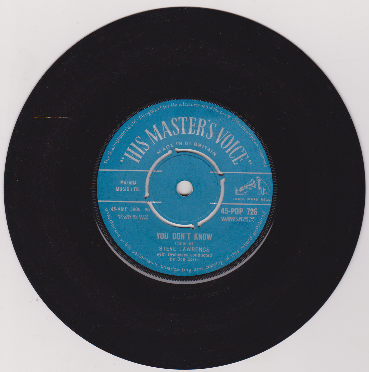 Vinyl record with blue label on a white background