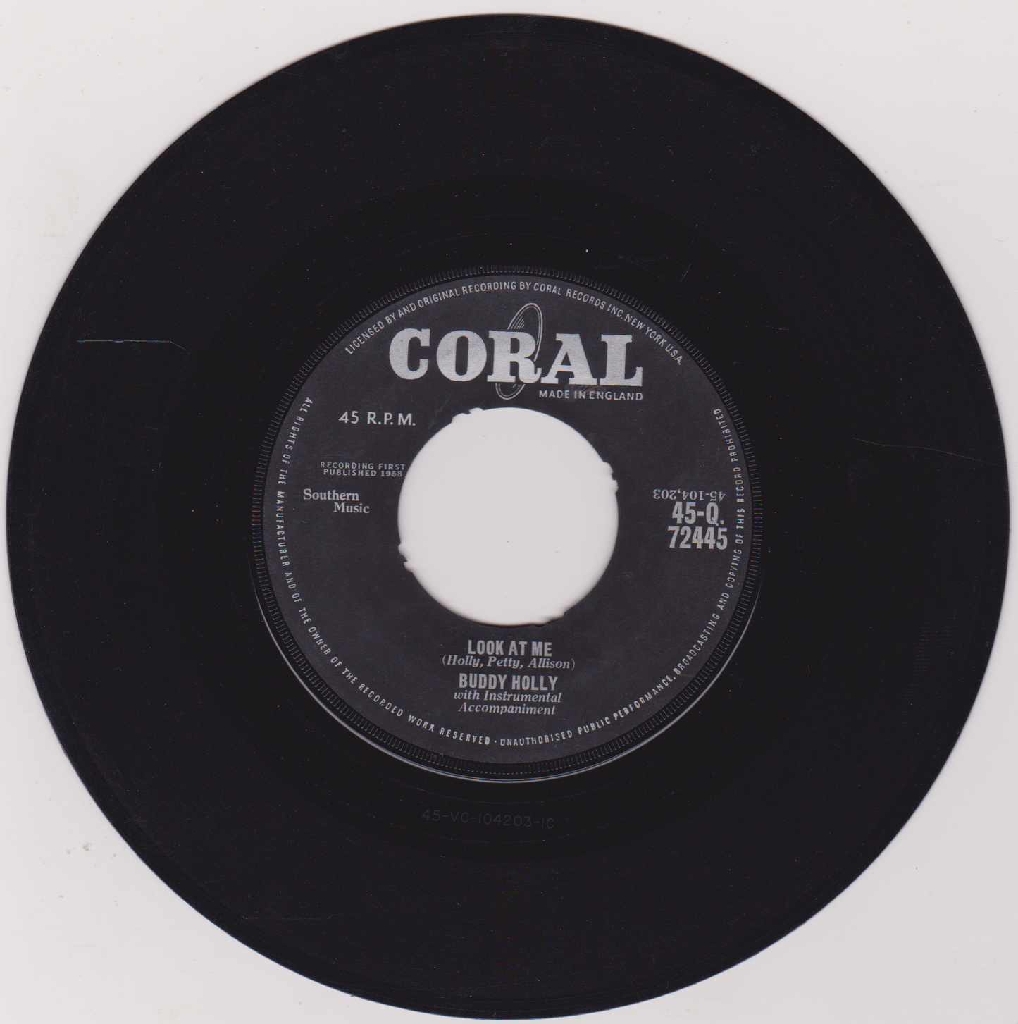 Buddy Holly – Look At Me (Coral) 7" vinyl single VG/- jukebox centre