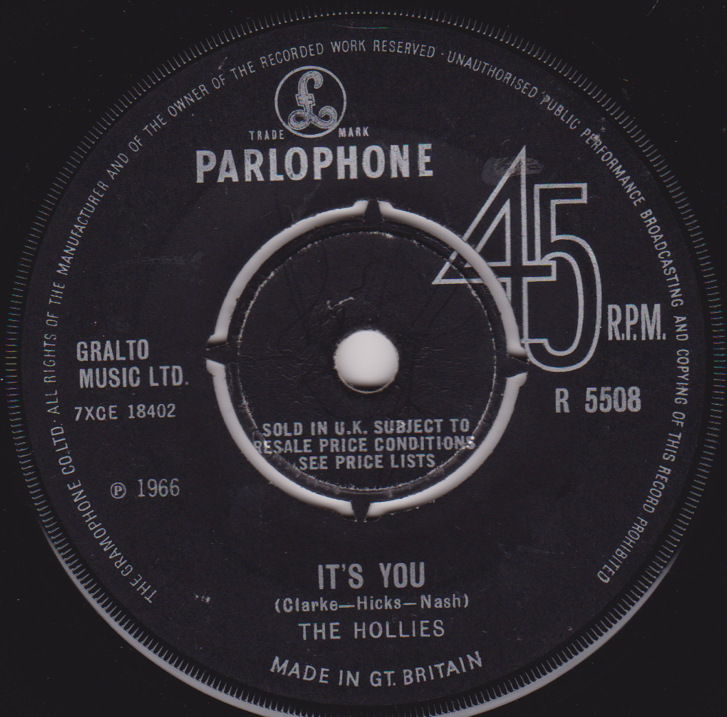 Parlophone 45 RPM record label from 1966 with 'It's You' by The Hollies.