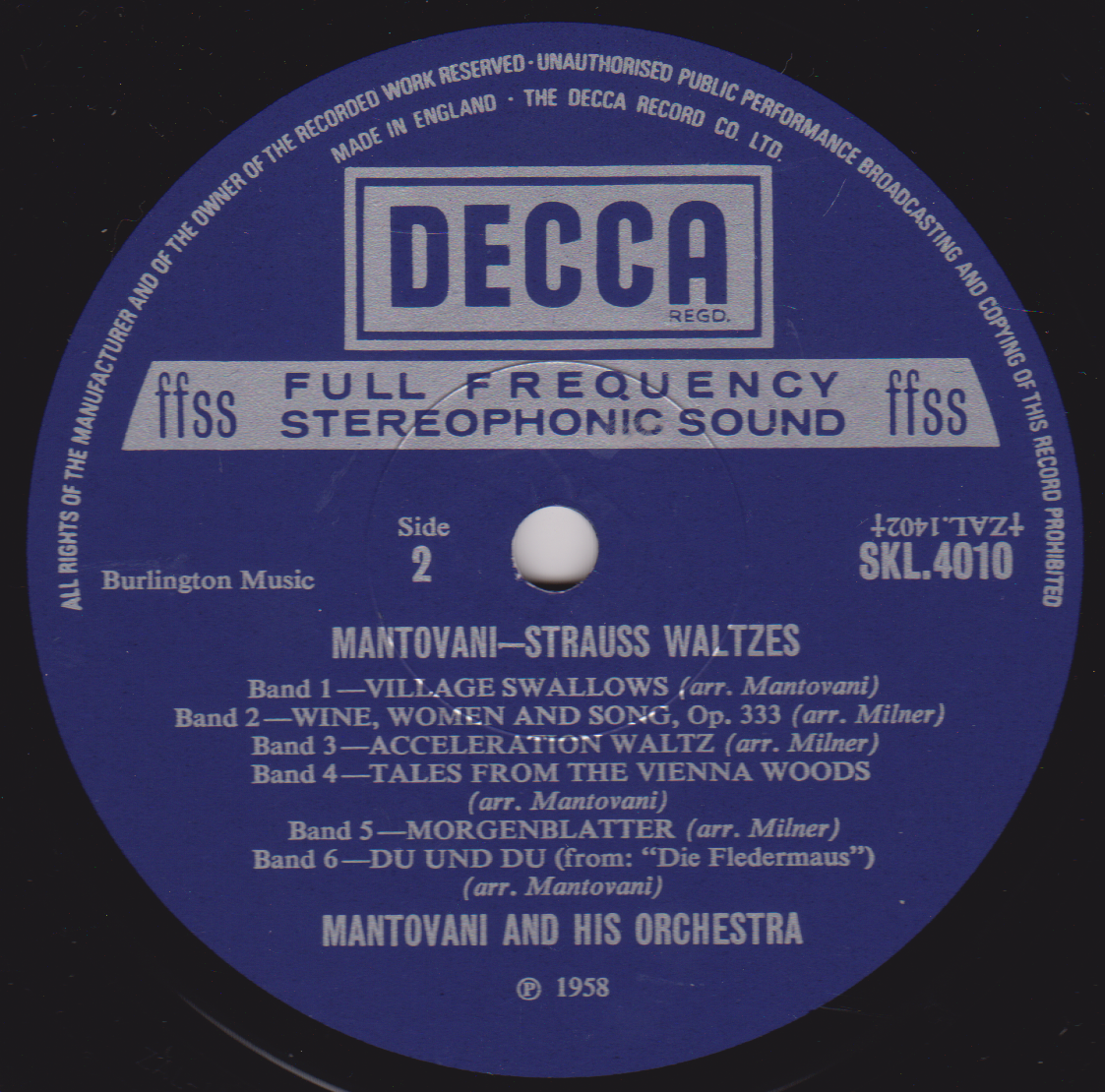 Decca label from a vinyl record with text and music details.