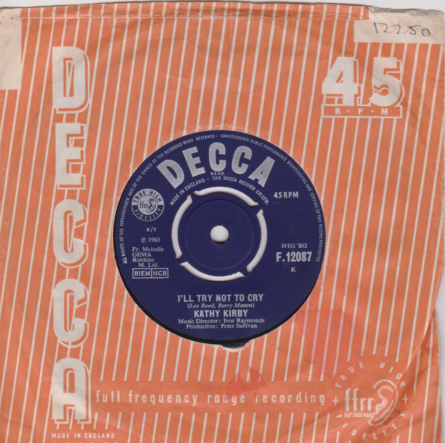 Decca record label on a vinyl record sleeve with text and branding.