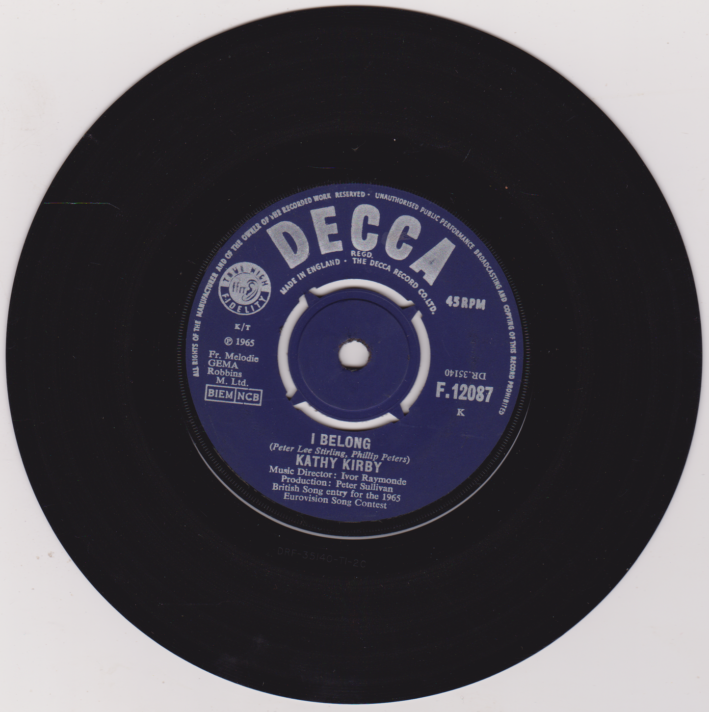 Decca label on a vinyl record with text and music publishing information.