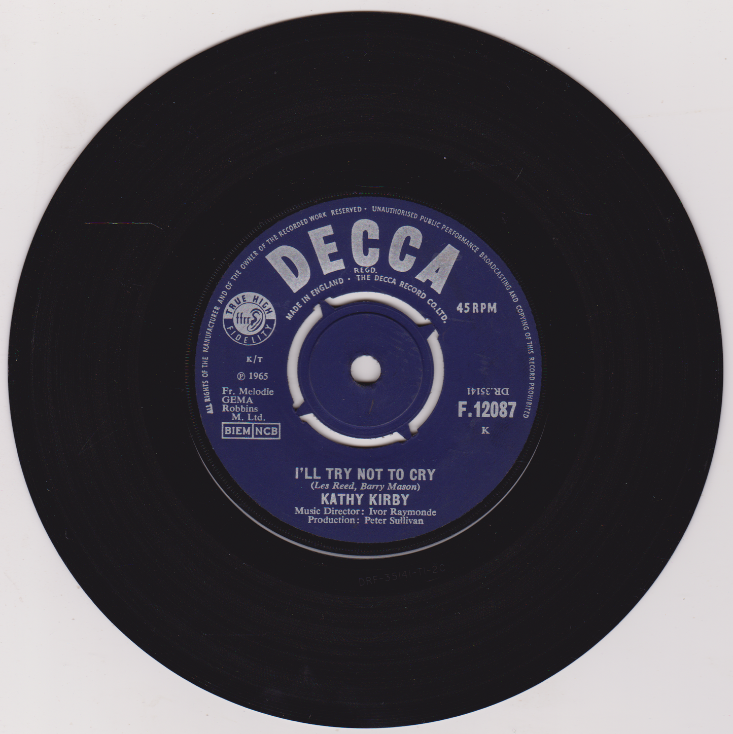 Black vinyl record with a blue label featuring 'Decca' branding on a white background