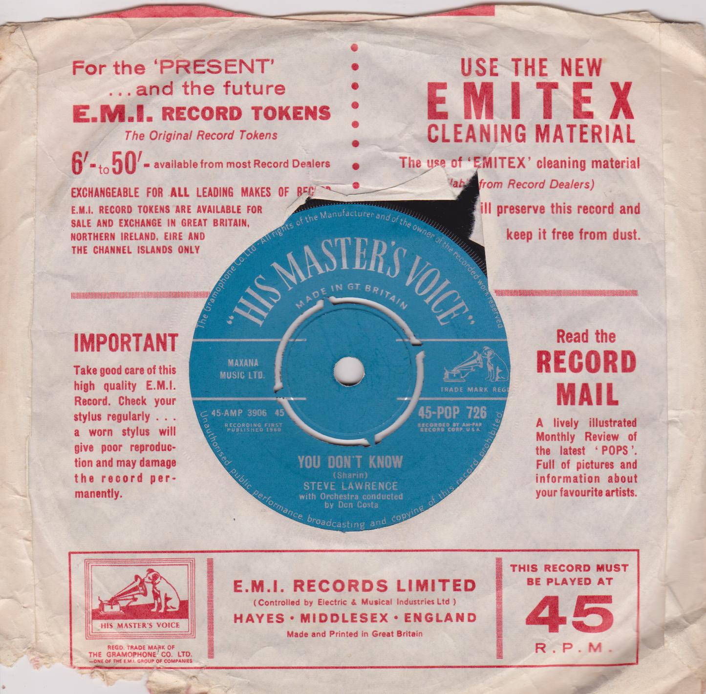Vintage record label with text and a blue disc, featuring E.M.I. and Emitex branding.