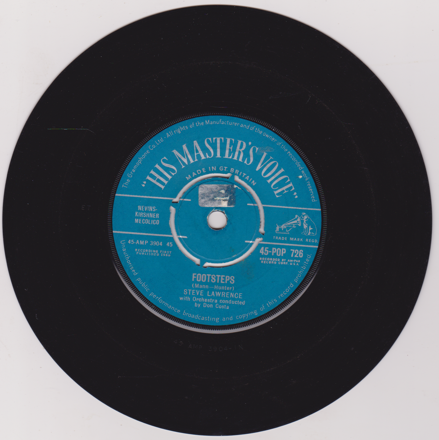 Black vinyl record with blue label featuring 'His Master's Voice' logo on a white background