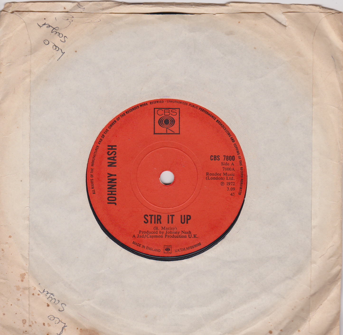 Johnny Nash – Stir It Up (CBS 1972) 7" vinyl single G+/-