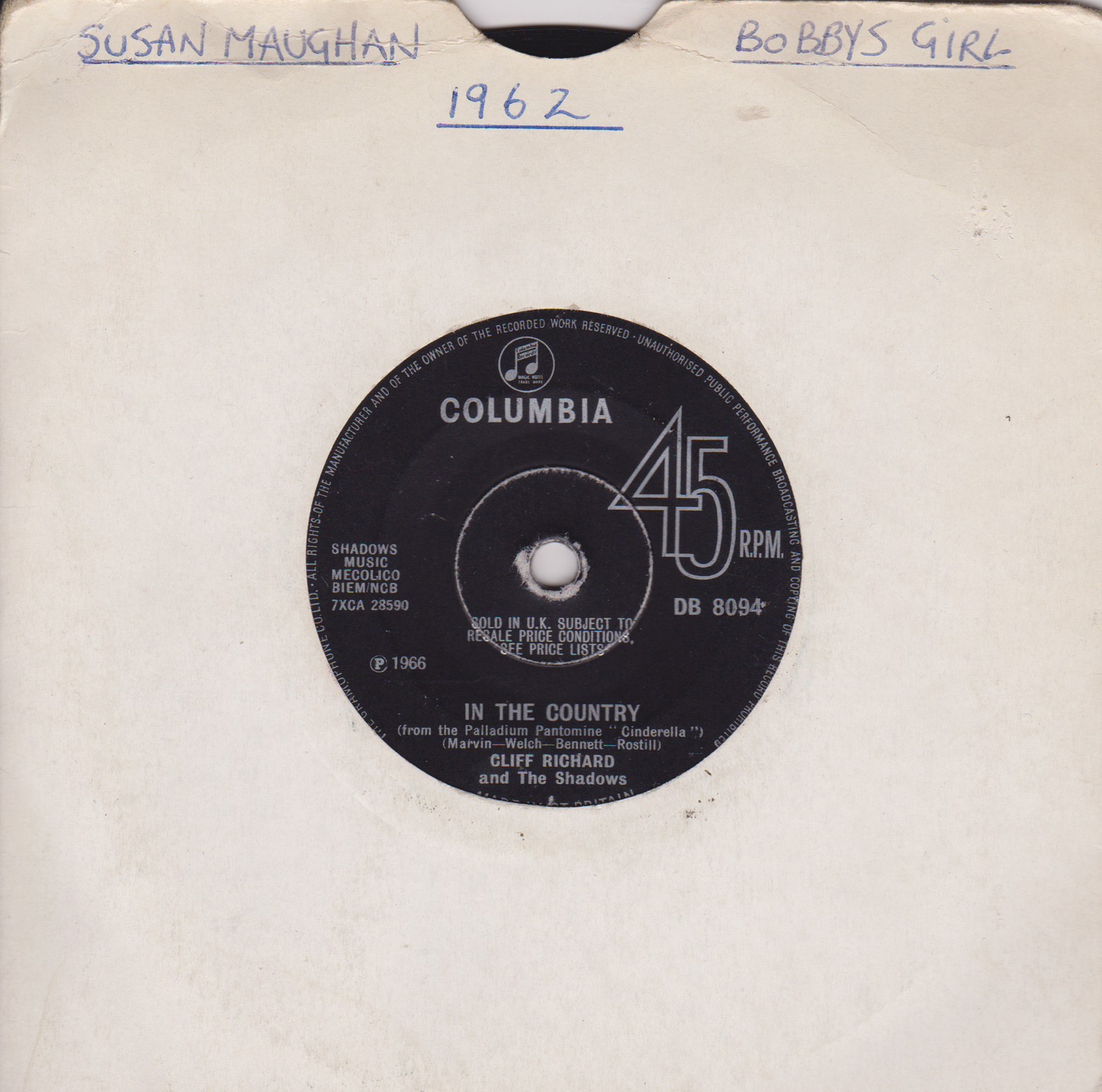 Record label from a Columbia 45 RPM record with text and branding.