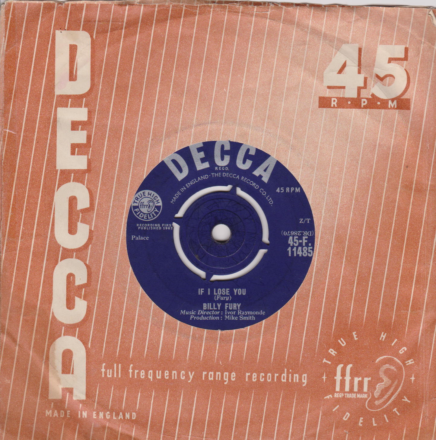 Vintage Decca record sleeve with a blue label on a textured brown background