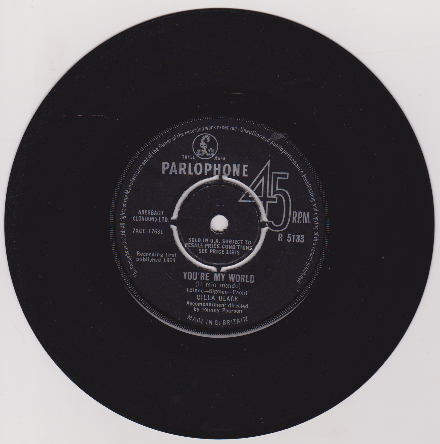 Black vinyl record with Parlophone label on a white background