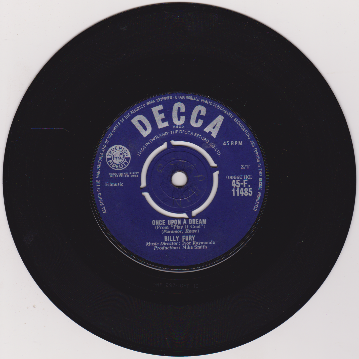 Black vinyl record with a blue label featuring the Decca logo on a white background