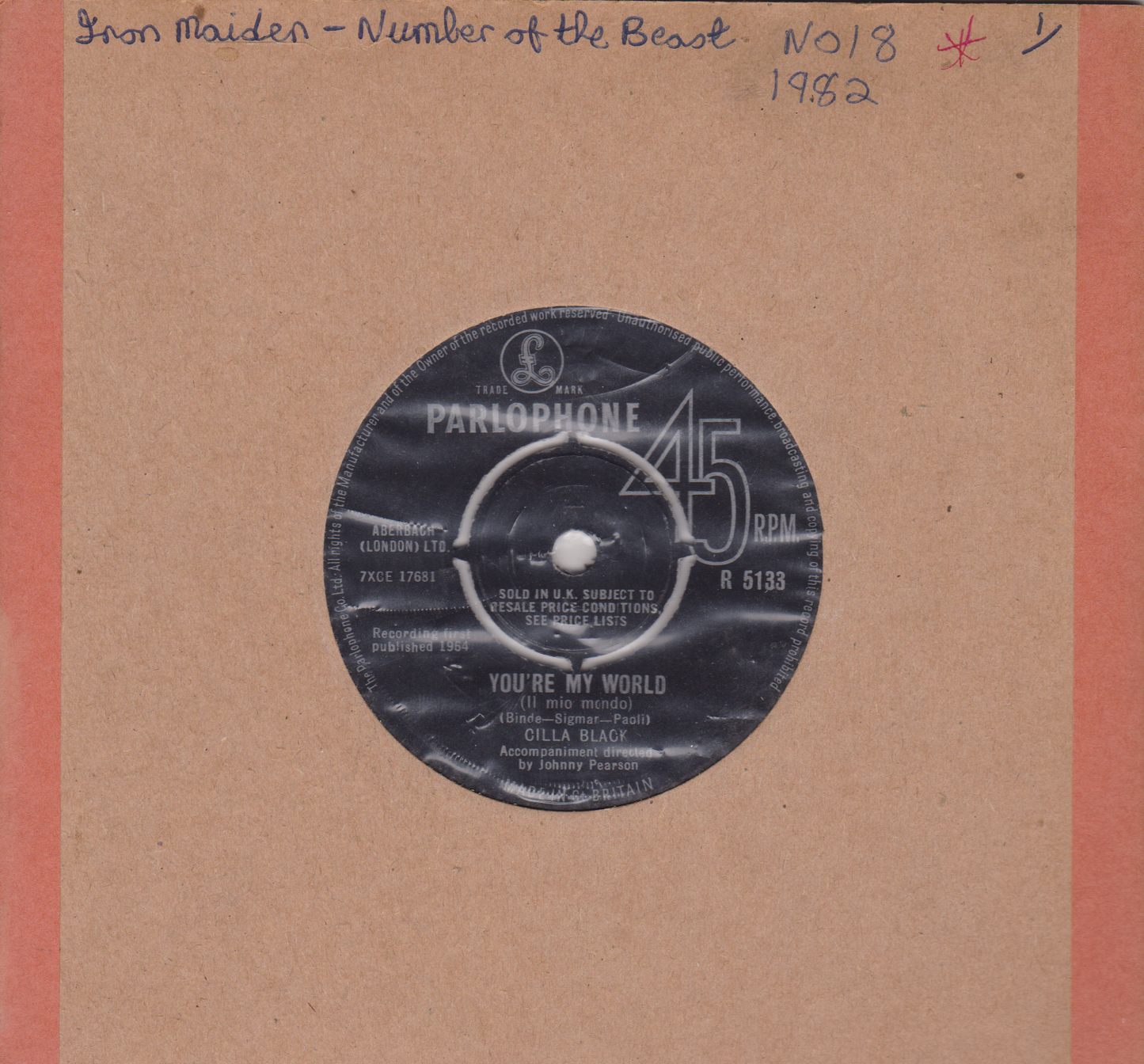 Record label from a Parlophone 45 RPM record on a brown background