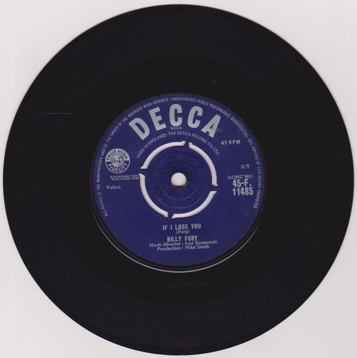 Black vinyl record with a blue label featuring the Decca Records logo on a white background.
