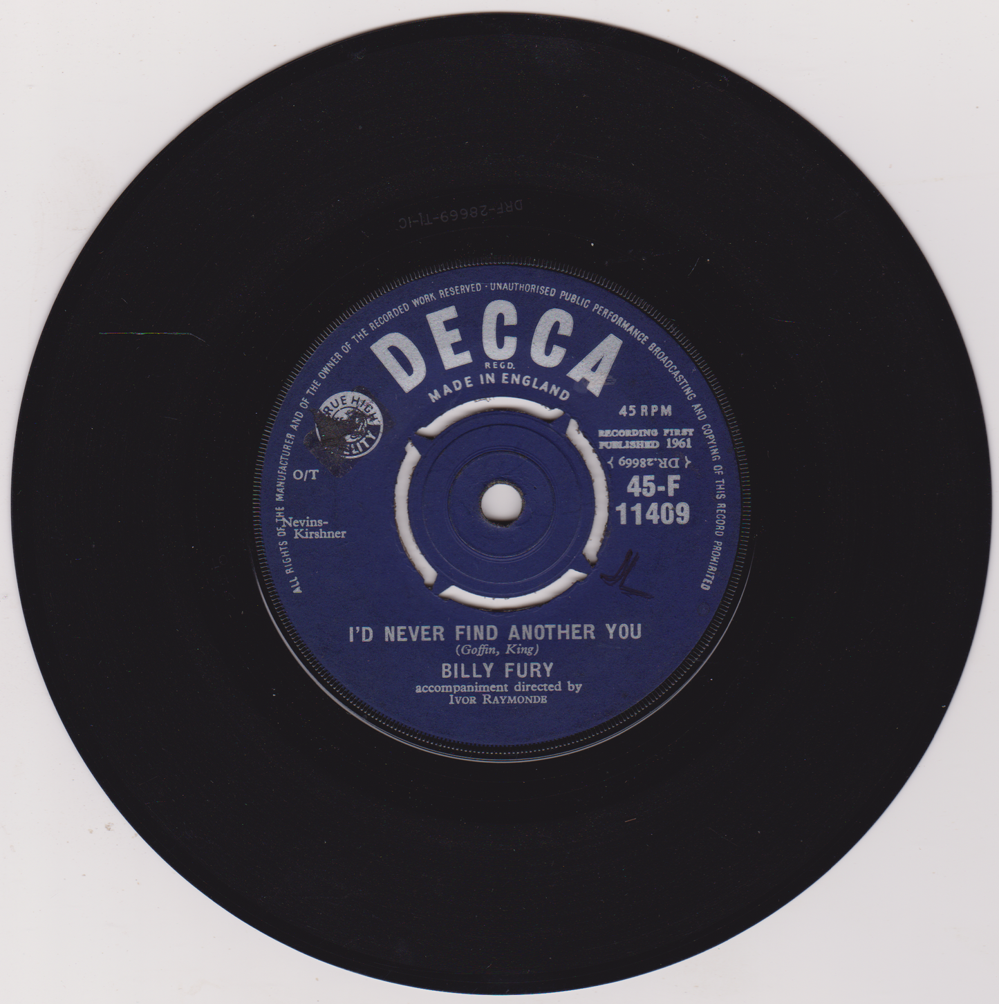 Billy Fury – I'd Never Find Another You (Decca 1961) 7" vinyl single VG/-