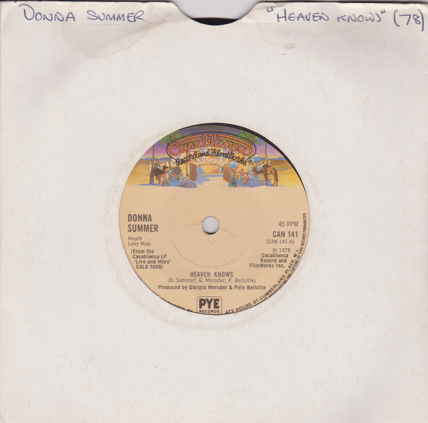 Record label of Donna Summer's 'Heaven Knows' with colorful design and text.