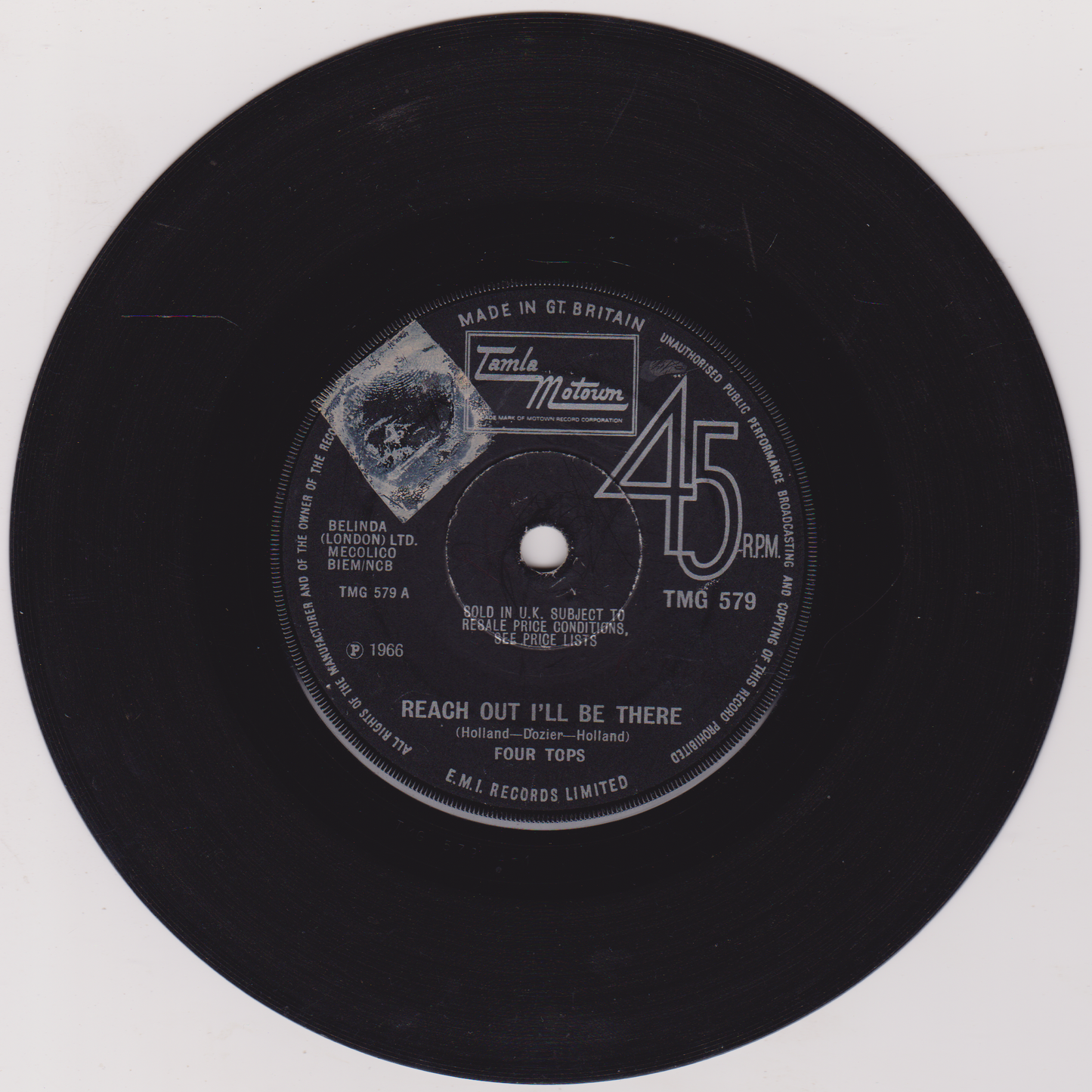 45 RPM record label with text and branding on a white background