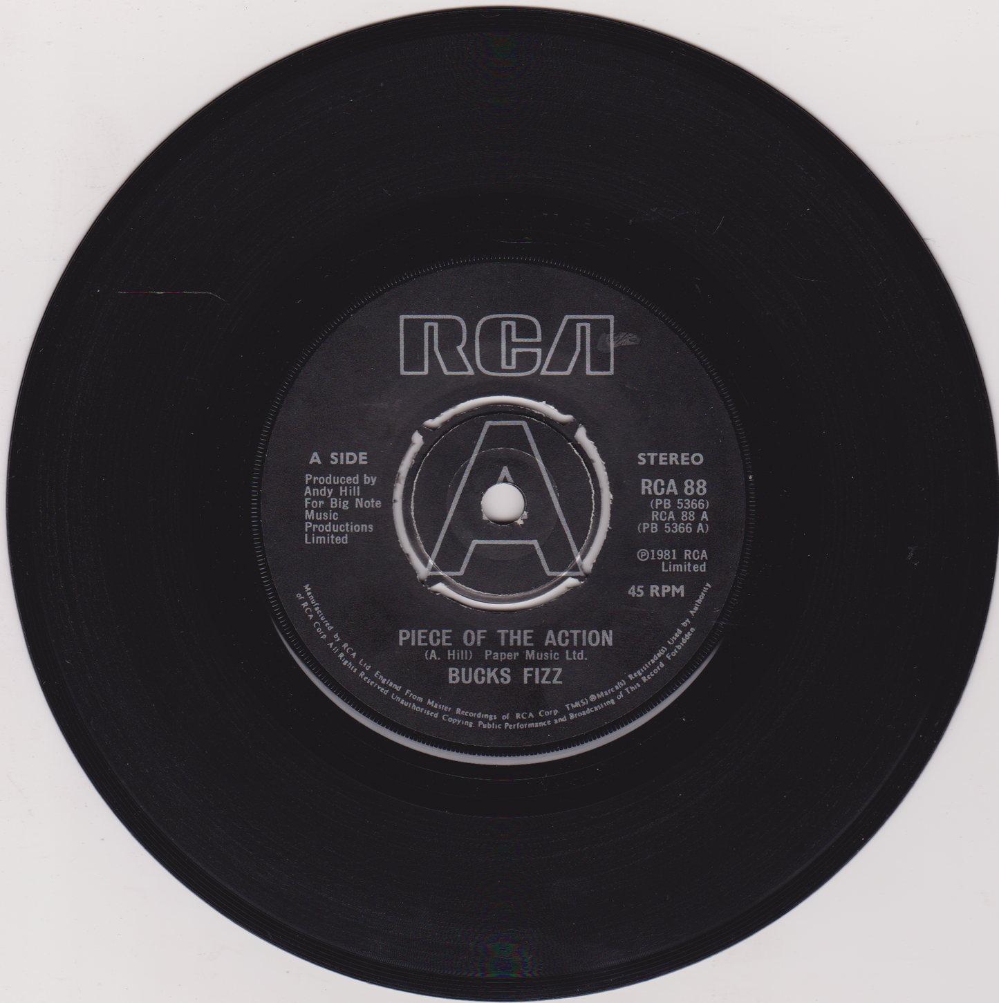 Black vinyl record with RCA label and text on a white background