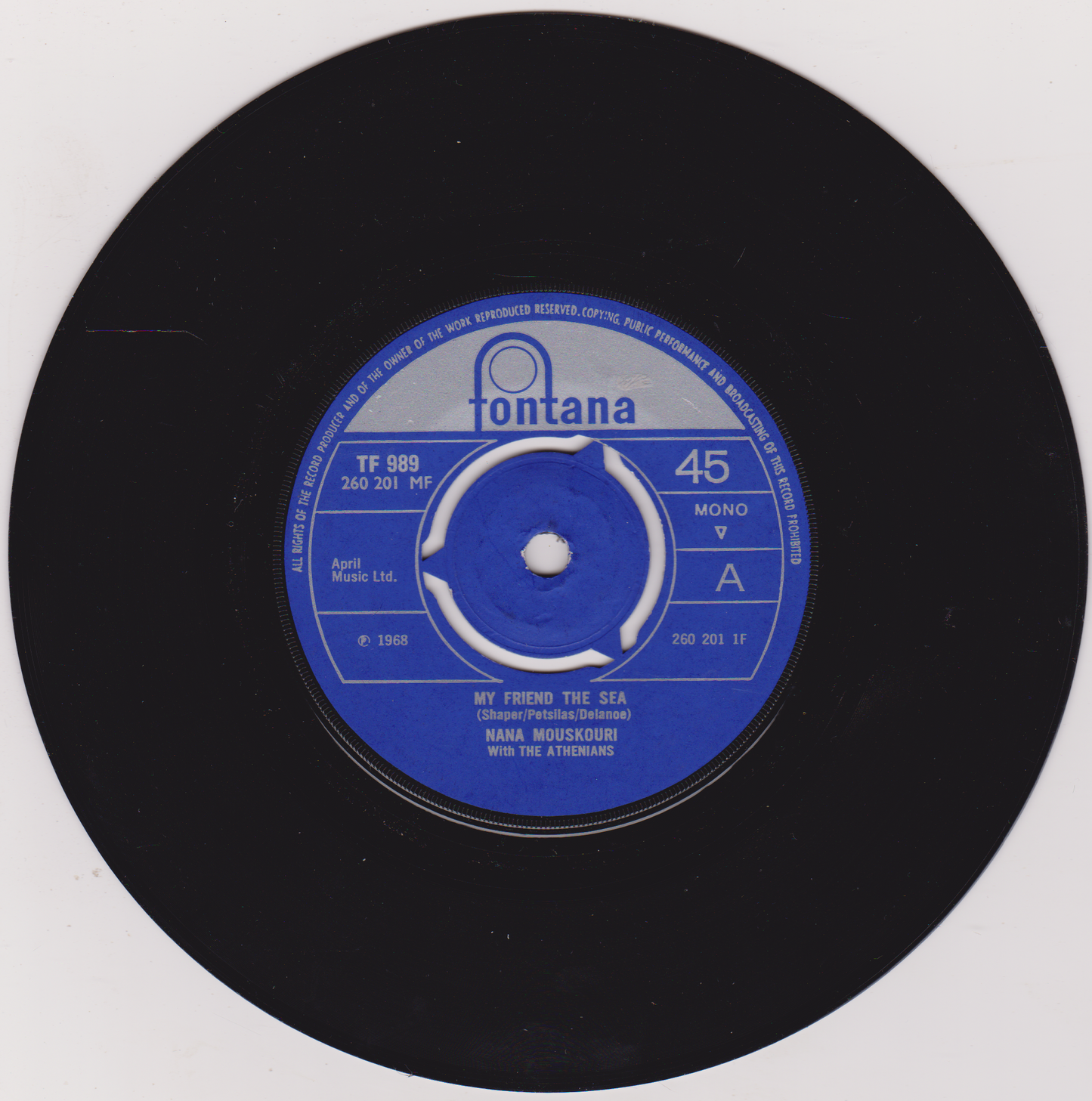 Black vinyl record with a blue label featuring 'Fontana' branding on a white background