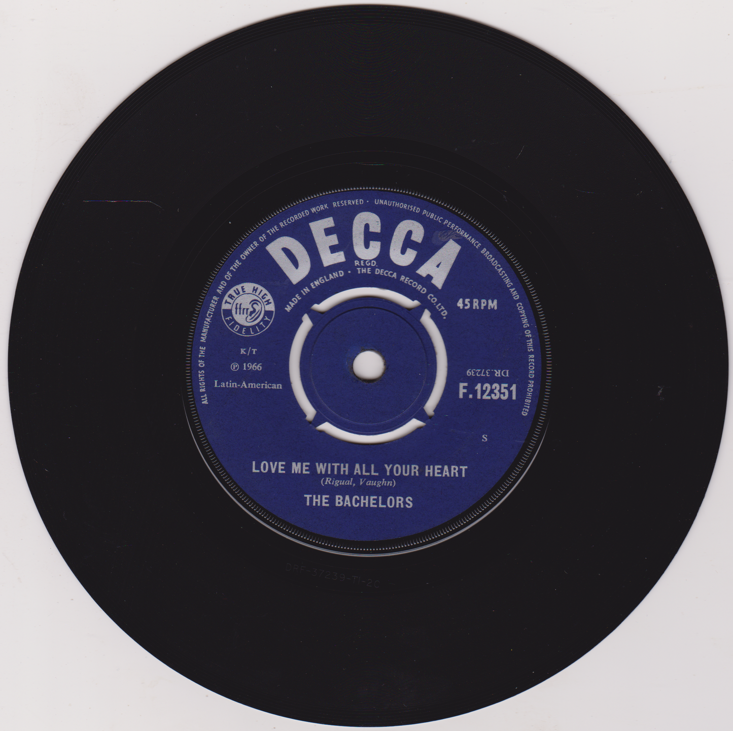 Black vinyl record with a blue label featuring 'Decca' branding and song details.