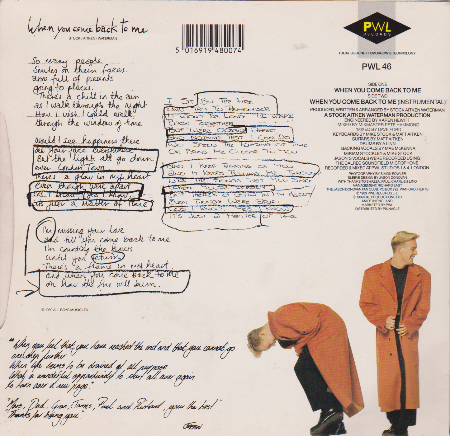 Single back cover with text and illustration of two people in orange coats.