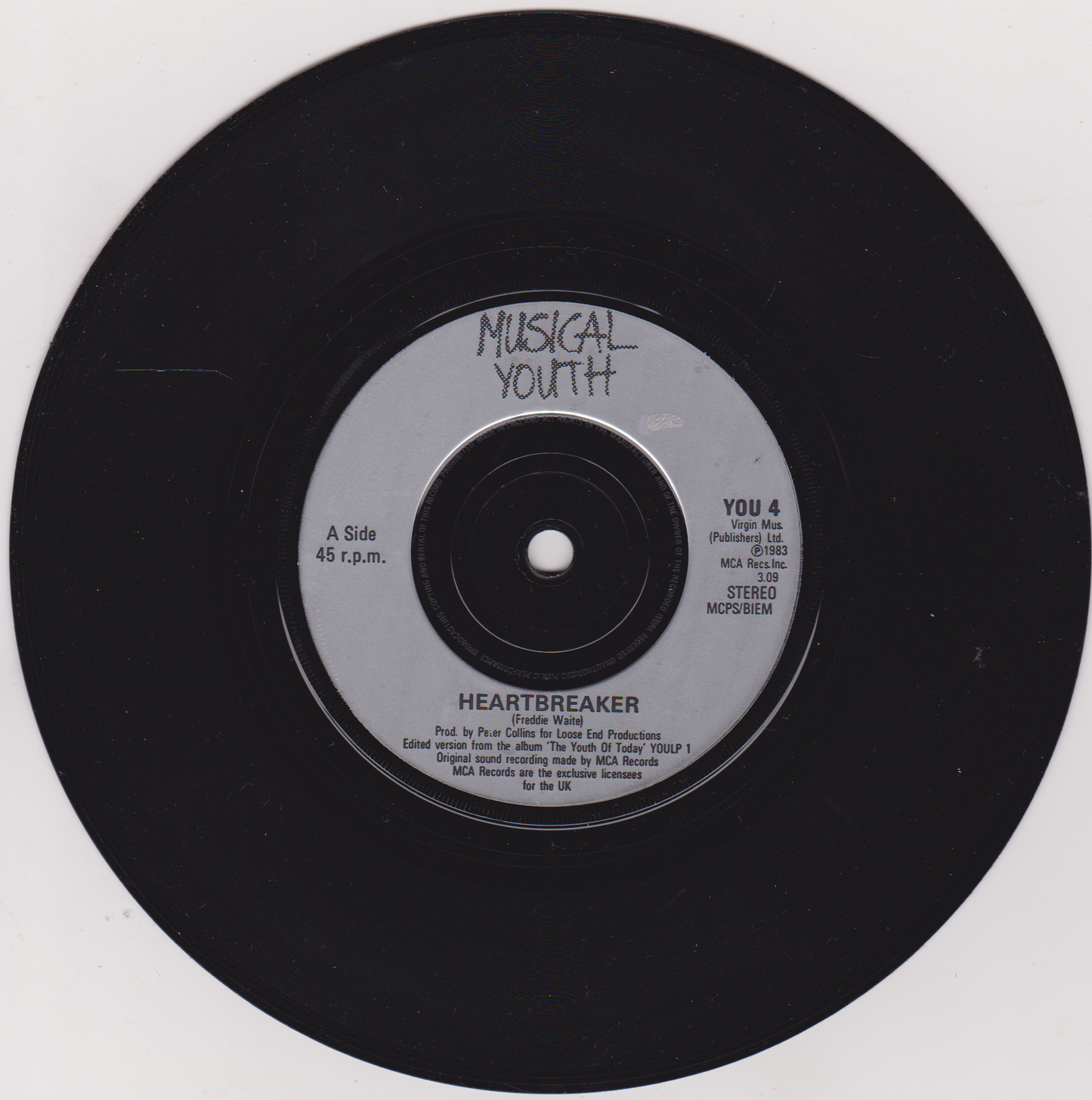 Vinyl record with 'Musical Youth' and 'Heartbreaker' text on a white background