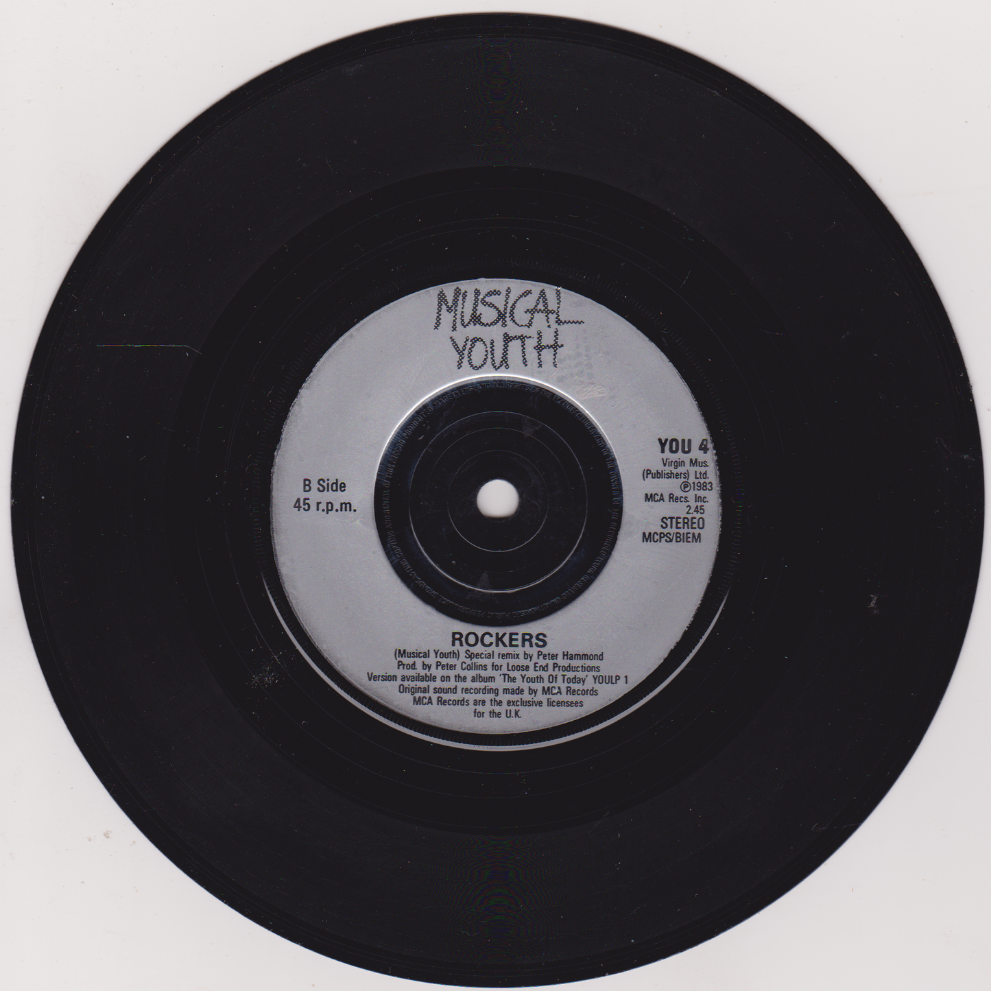 Vinyl record with 'Musical Youth' on a white background