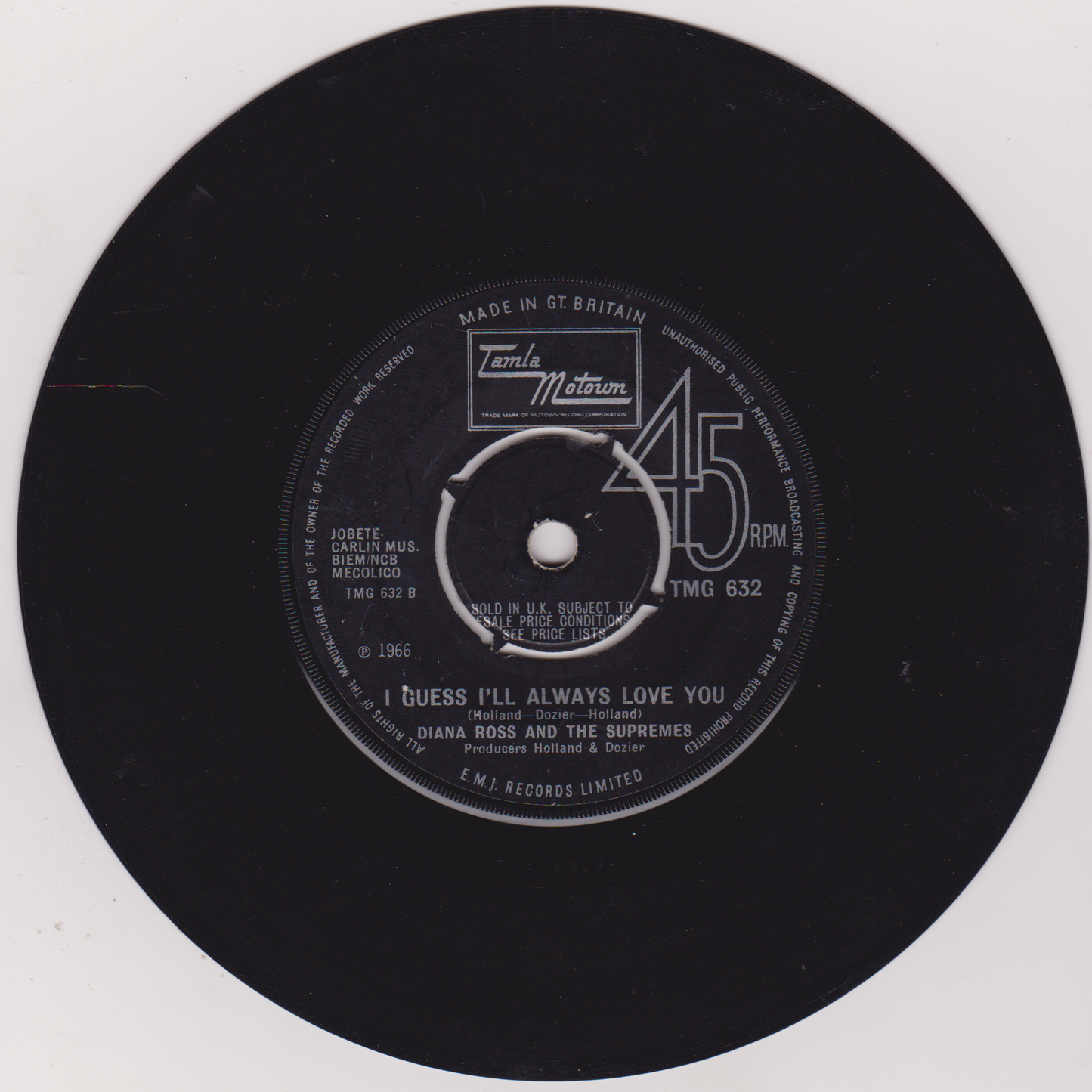 Black vinyl record with label on a white background