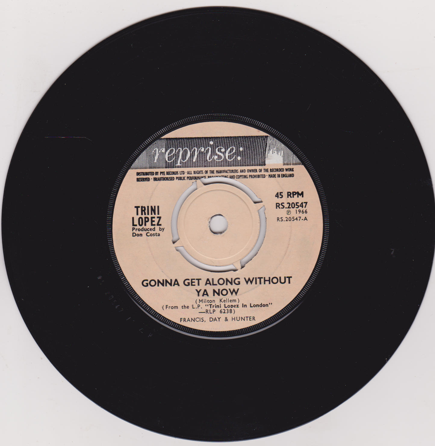 Vinyl record label with 'Trini Lpoez' song 'Gonna Get Along Without Ya Now' on a white background