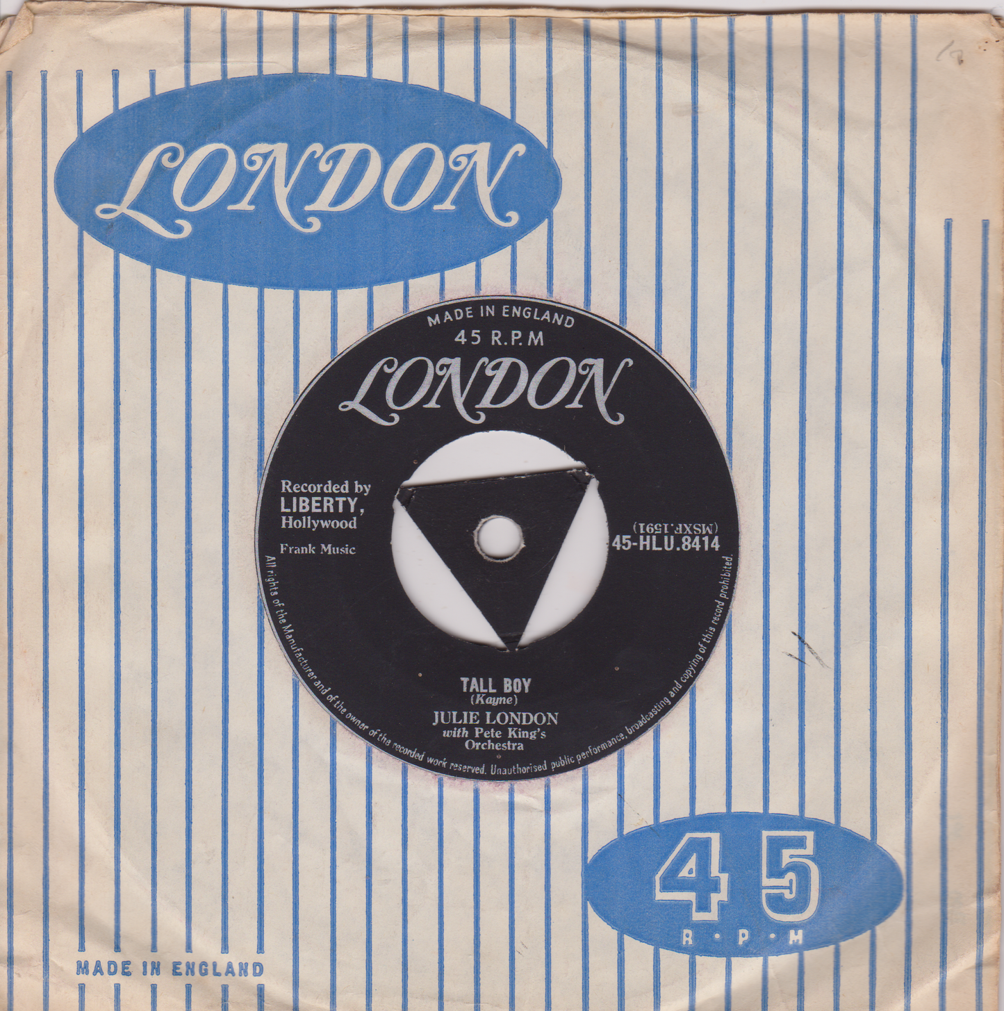Record sleeve with 'London' branding and a 45 RPM label on a striped background