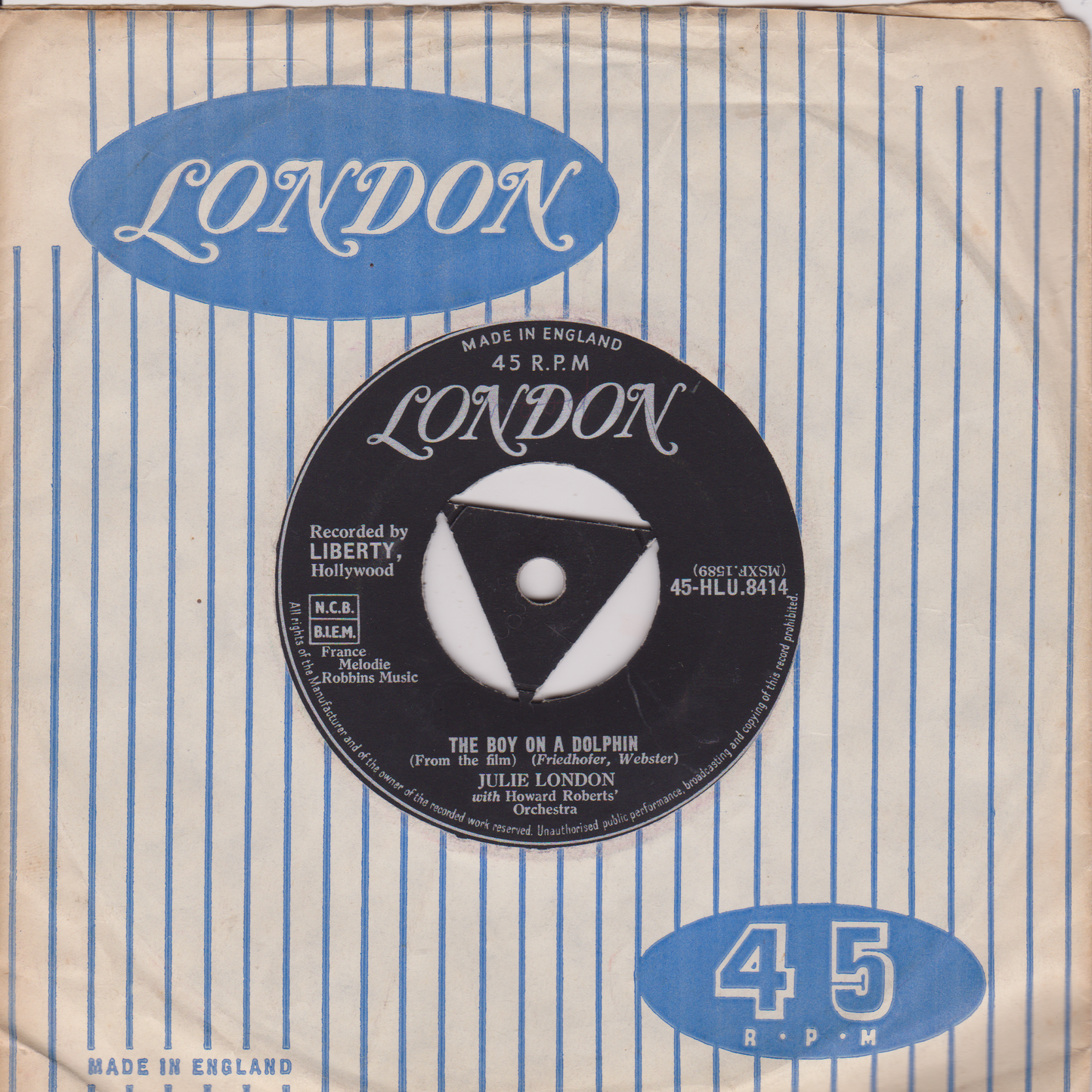 Vintage London record sleeve with blue and white striped pattern