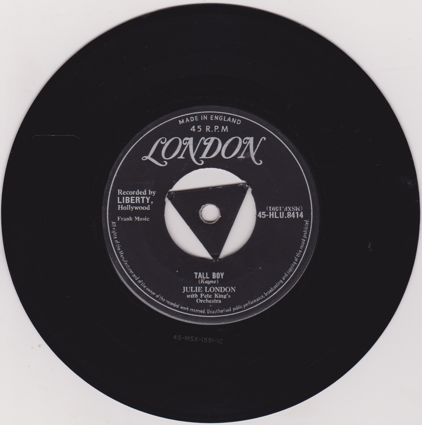 Black vinyl record with 'London' label on a white background