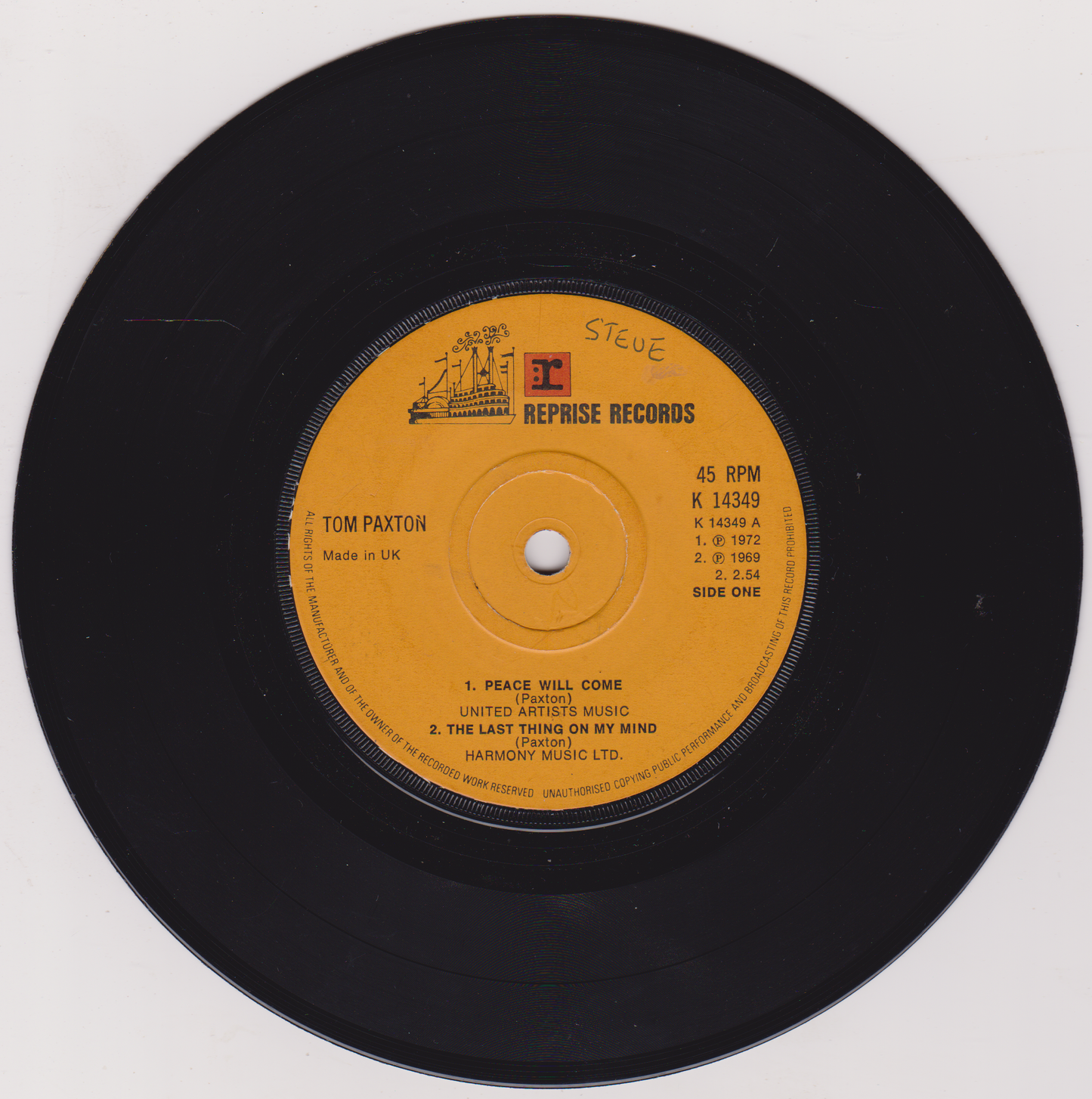 Vinyl record with orange label on a white background