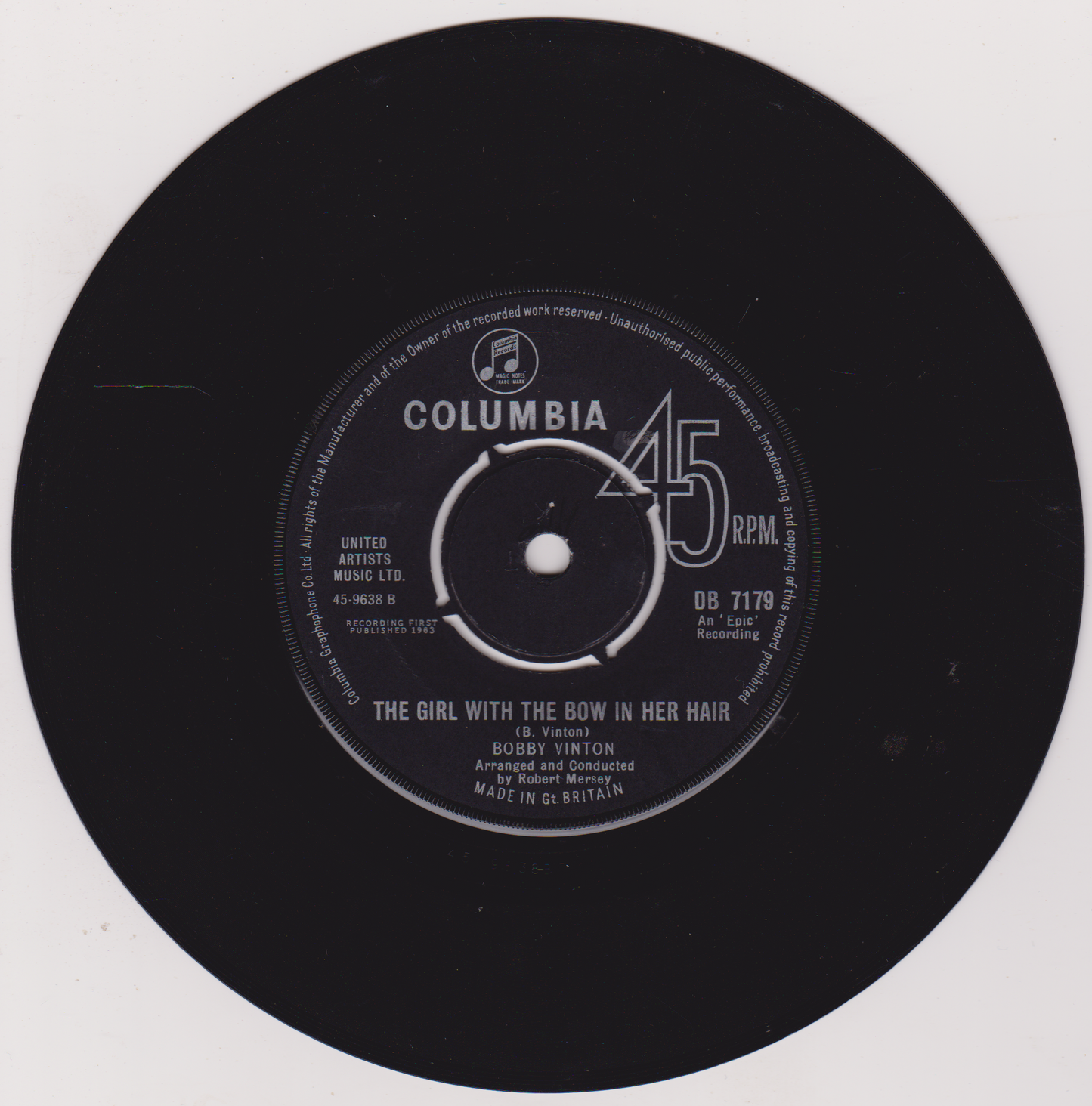 Black vinyl record with Columbia label and song information on a white background