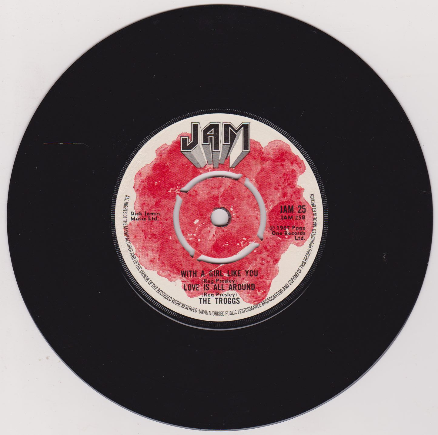 Vinyl record with a red and white label featuring 'JAM' branding.