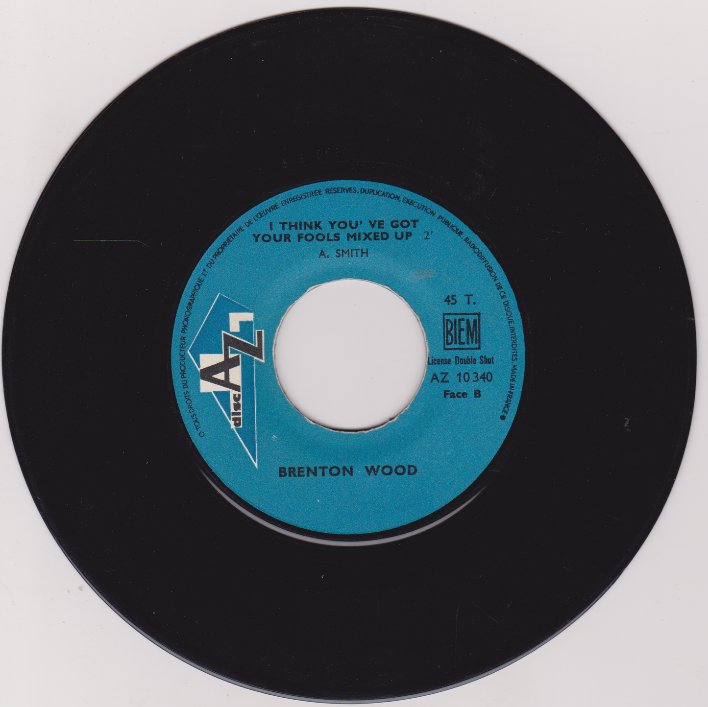 Vinyl record with blue label on a white background