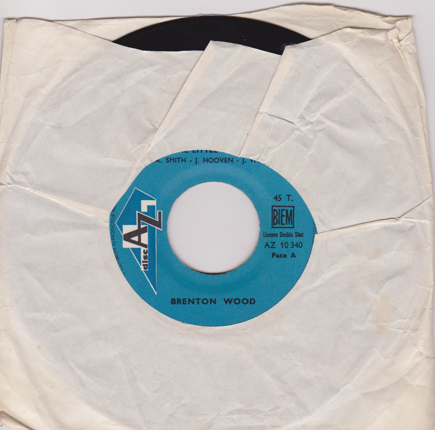 Vinyl record with blue label on a white background