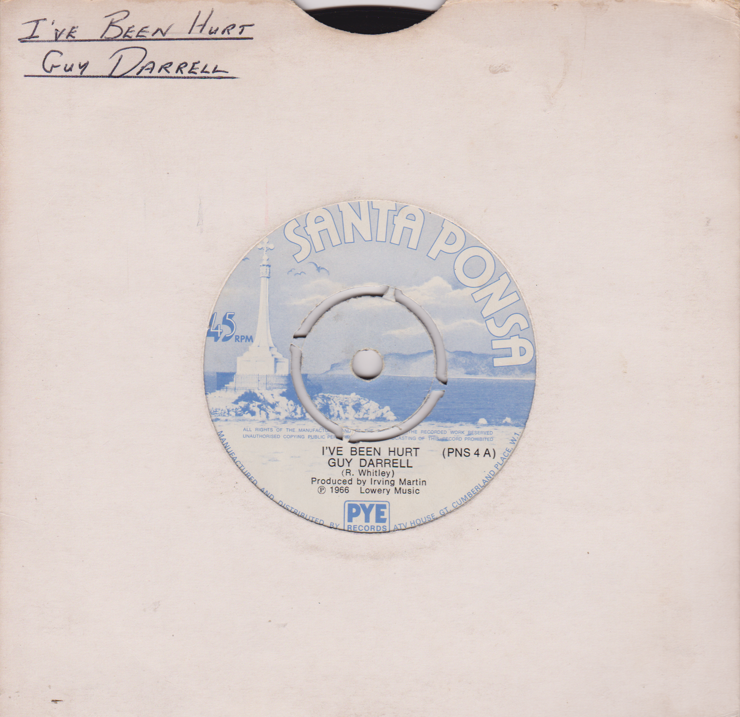 Record label for 'I've Been Hurt' by Guy Darrell with Santa Paula and PYE branding.