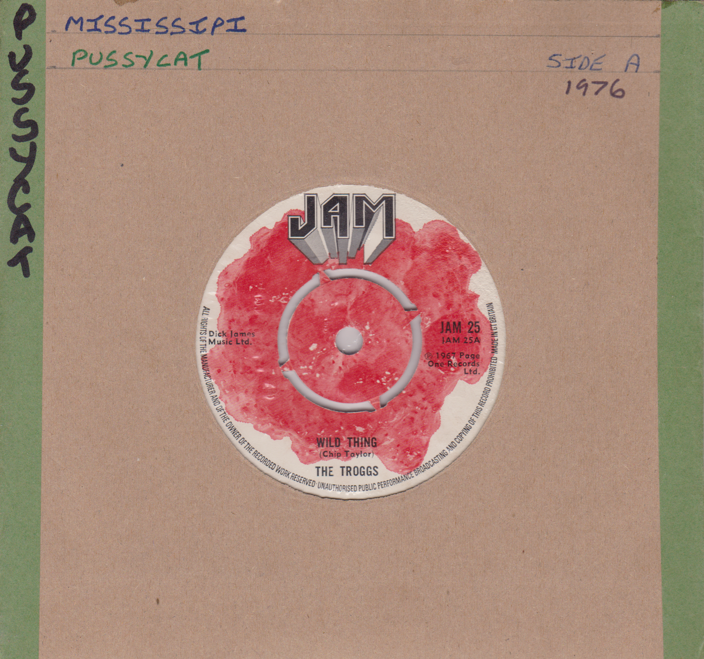 Record label from a vinyl record with 'Mississippi Pussycat' and 'JAM' branding on a brown background.