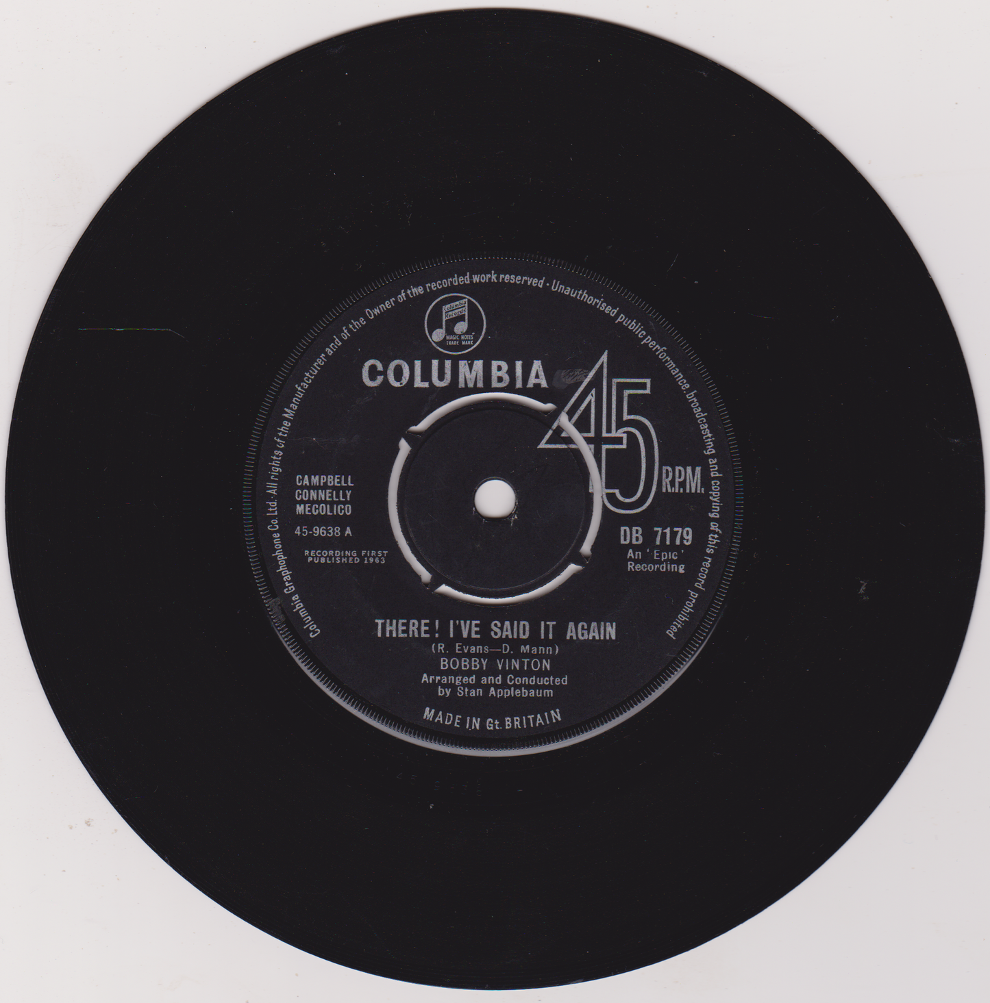 Black vinyl record label with Columbia branding and 45 RPM details