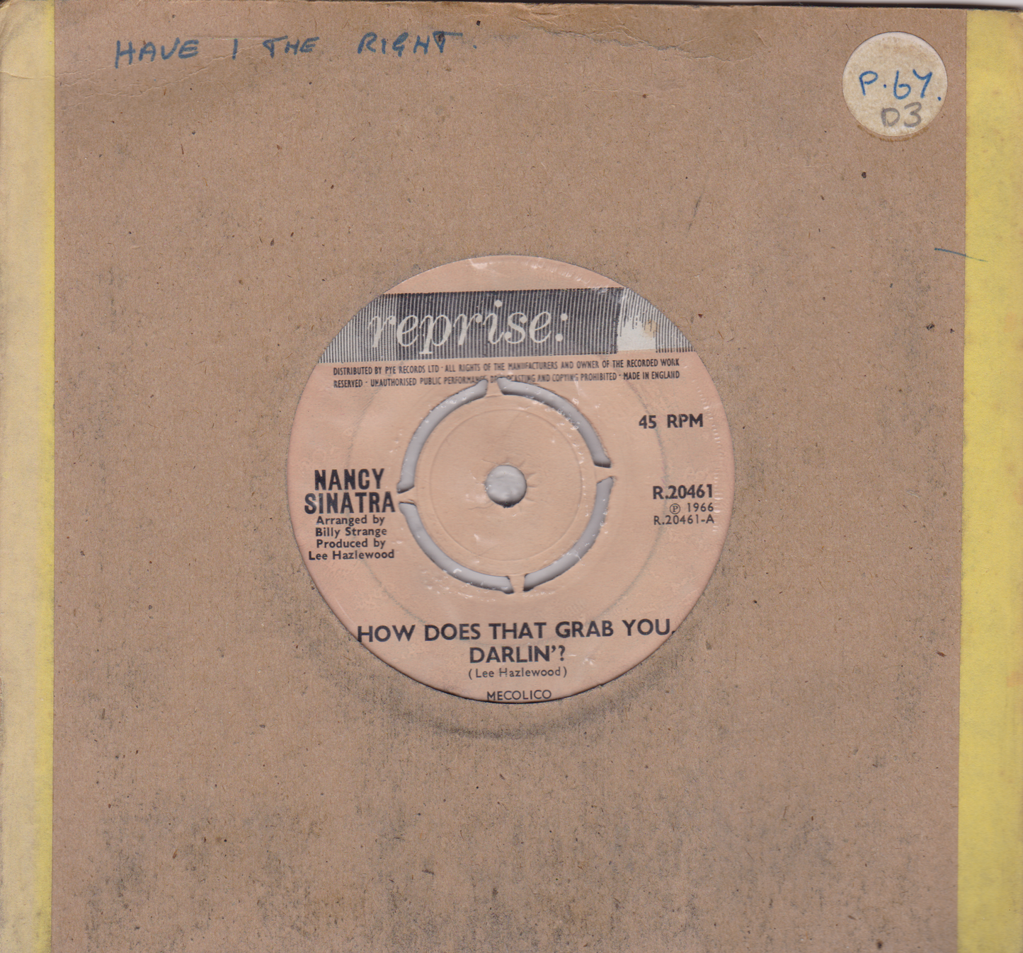 Record label for Nancy Sinatra's 'How Does That Grab You Darlin?' on a brown paper sleeve.