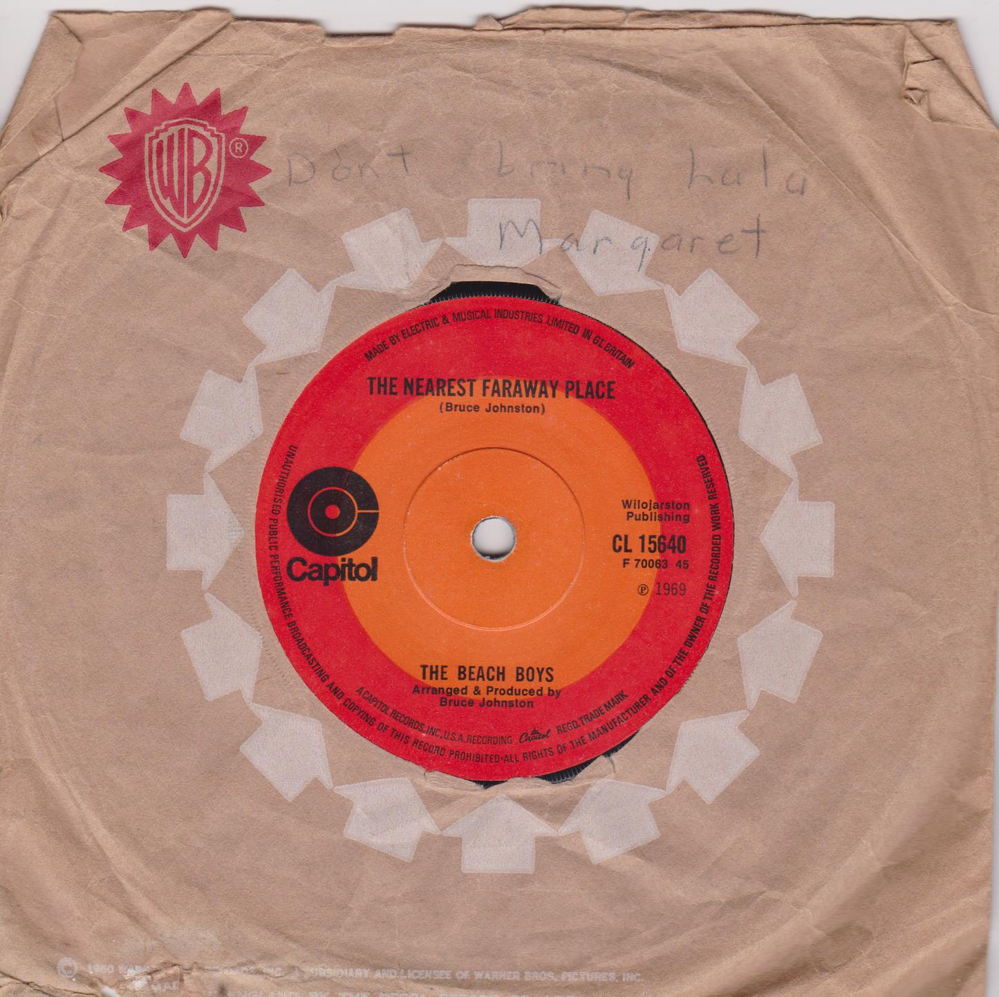 Record label with 'The Beach Boys' on a brown paper sleeve